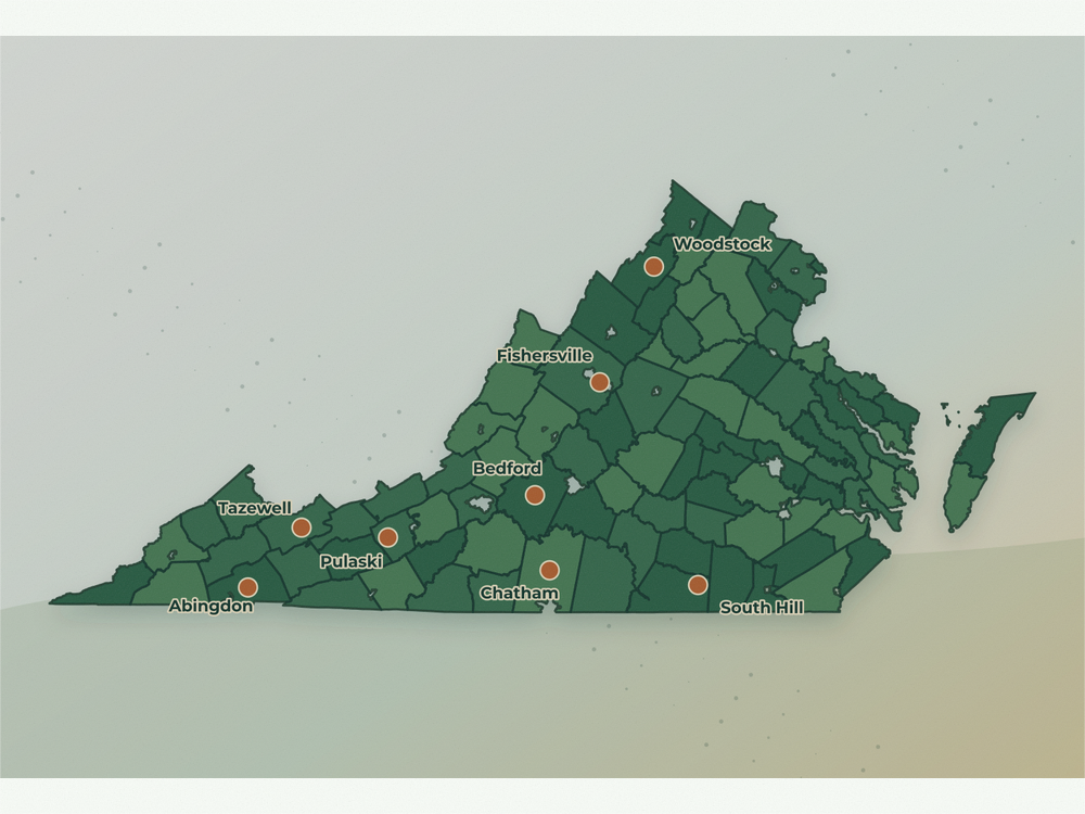Accurate Virginia land service area map showing Abingdon, Tazewell, Pulaski, Bedford, Chatham, South Hill, Fishersville, and Woodstock